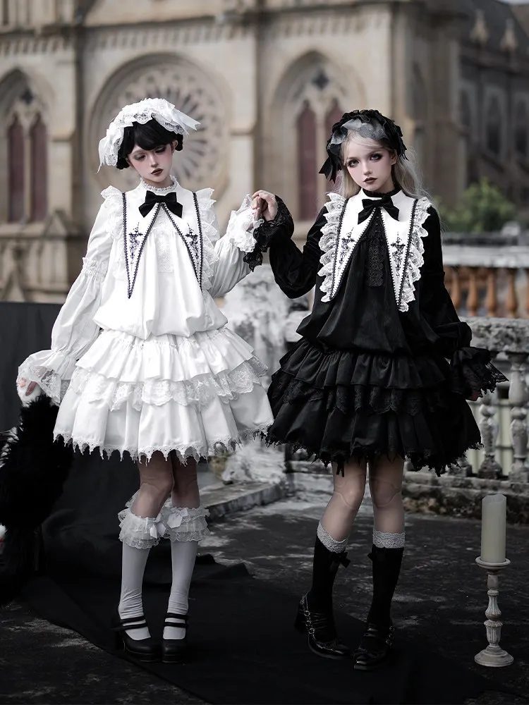 With Puji Black Gothic Lolita Sweet Retro Op Dress Set 5-piece Ruffle Lace Outfit With Belt Bow Fake Collar Headband For Cosplay