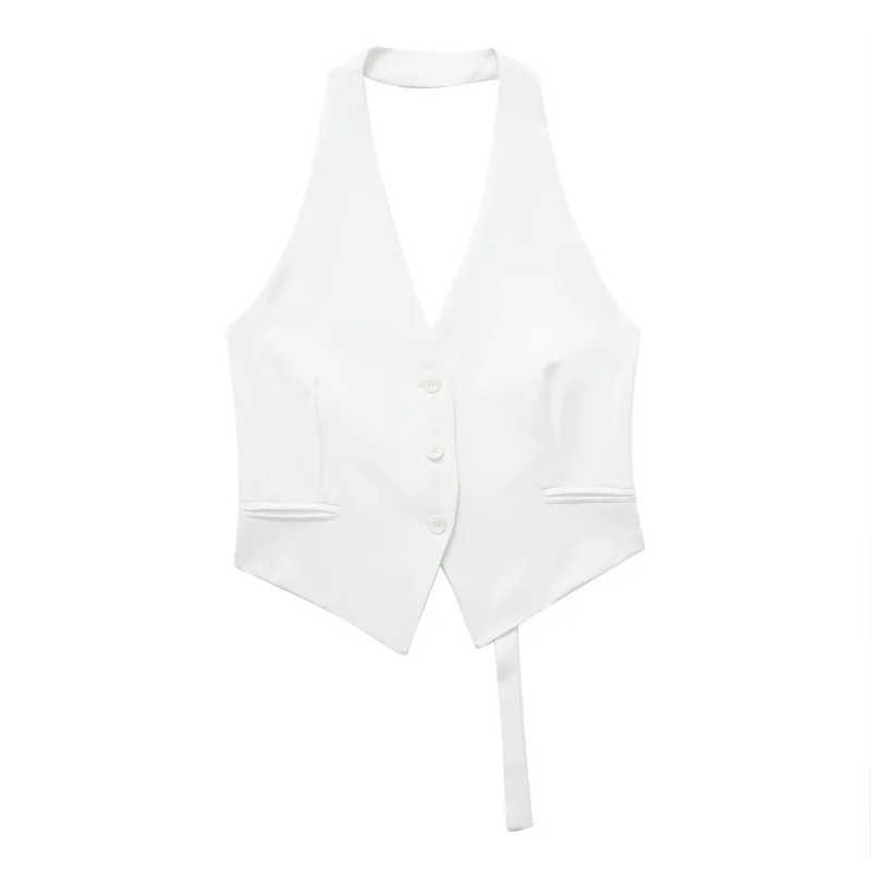 Off Shoulder Sleeveless Vest Women Black White Cropped Vest Woman Fashion Backless V Neck Short Coats Summer Waistcoat