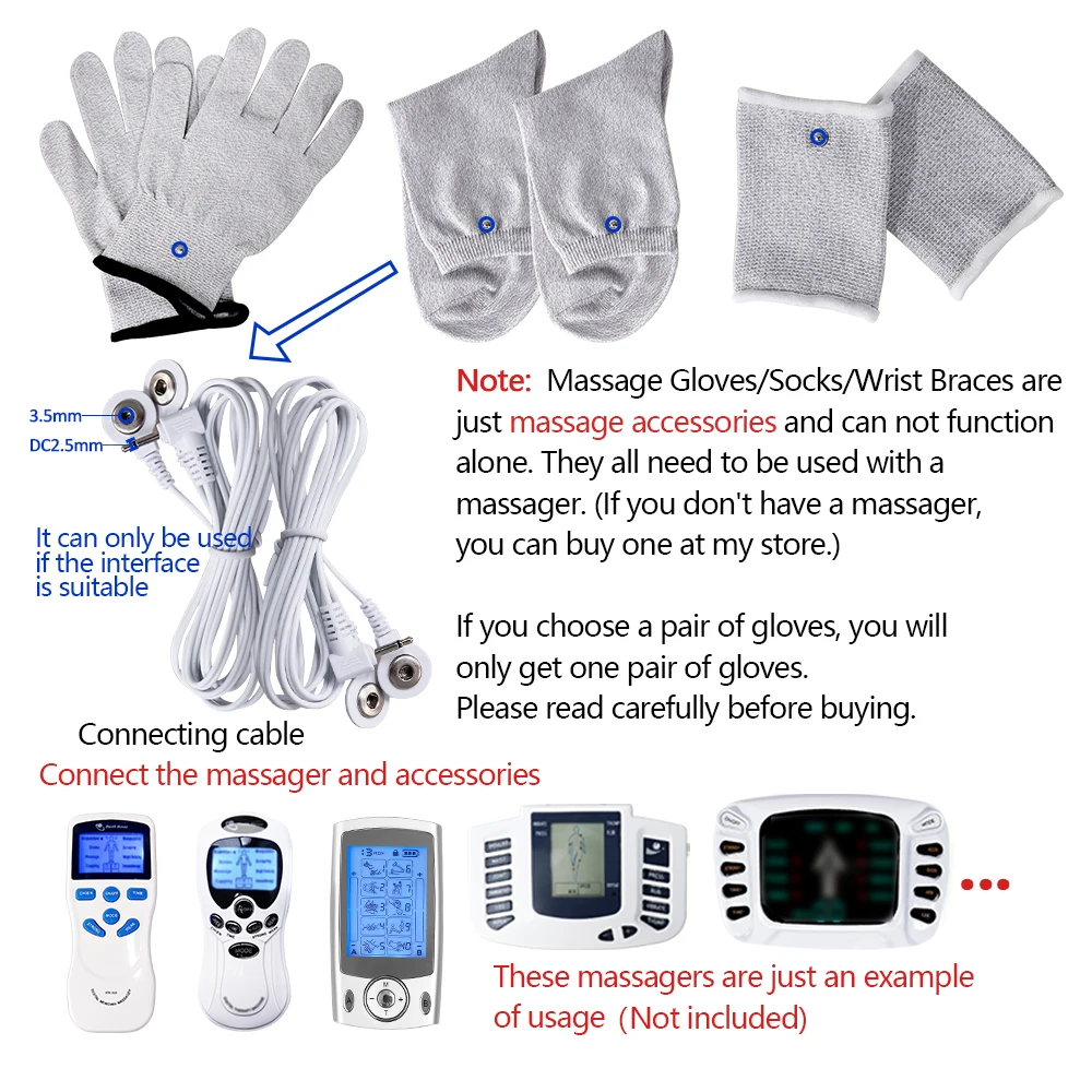 Breathable Fiber Electrotherapy Massager Electrode Gloves Socks Bracers Cables Physiotherapy EMS Muscle Stimulator Accessories