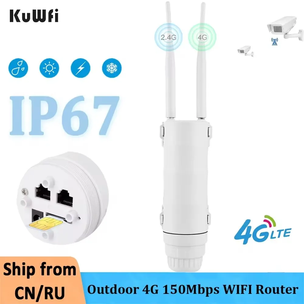 KuWFi Outdoor 4G LTE WiFi Router CAT4 300Mbps IP67 Waterproof 4G SIM Card Wi-Fi Routers for Outside WiFi Covera Support 64 Users