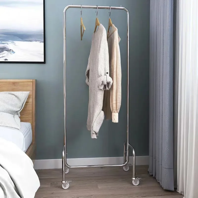 Light luxury stainless steel floor-to-ceiling hanger, Nordic home bedroom corner coat rack, clothing store with wheels