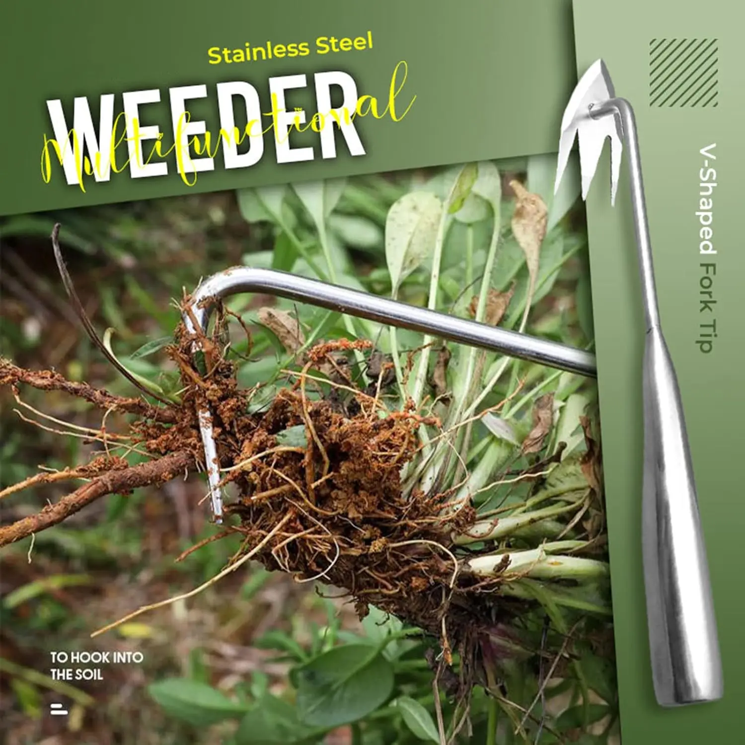 Stainless Steel Multifunctional Weeder, Weeder Puller Stand Up, Hand Weeder Tool for Gardening with Handle, V-Shaped Light Duty