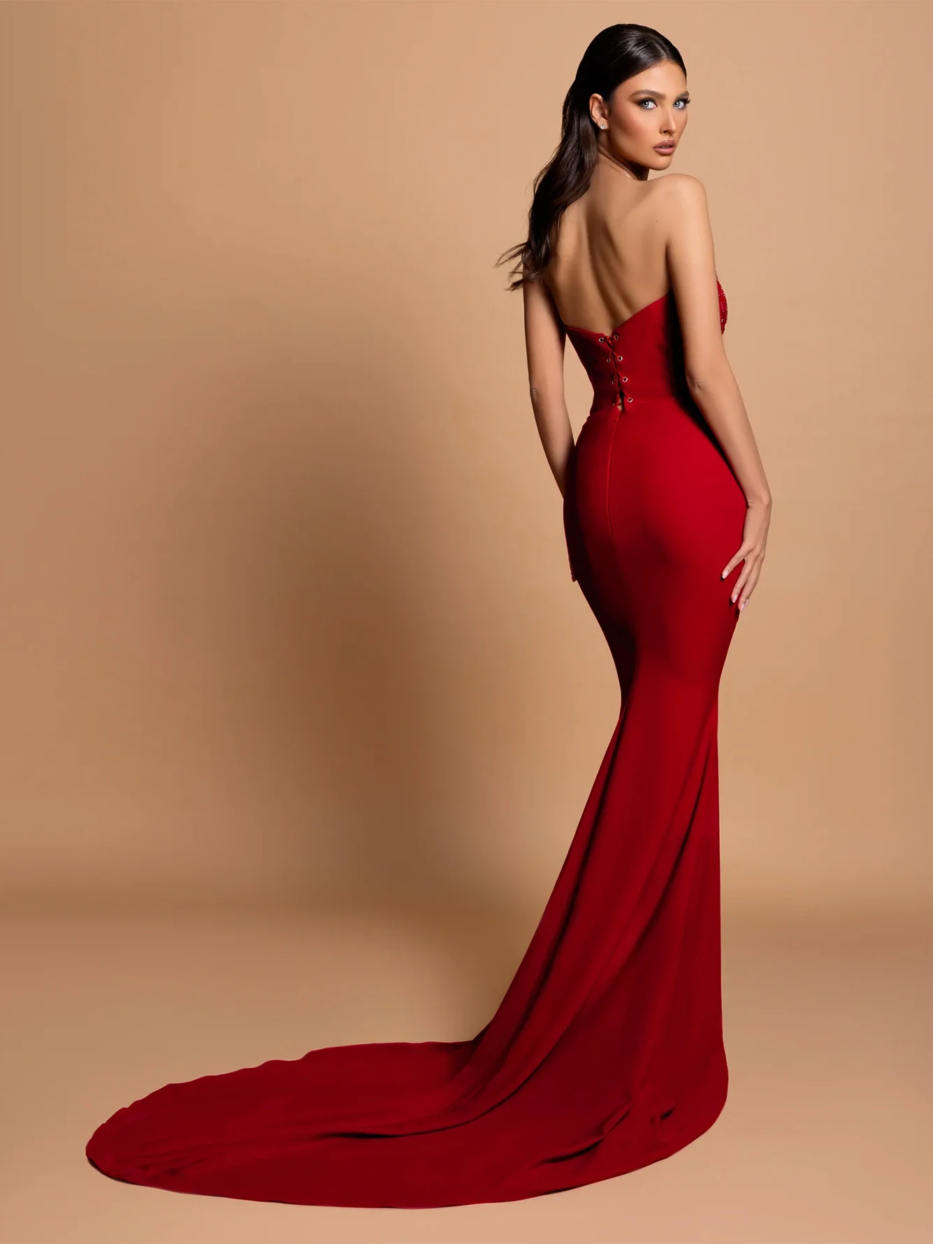 High Quality Women'S Sexy Strapless Backless Heavy Industry Handmade Nail Bead Red Carpet Drag Dress Elegant Dinner Party Dress