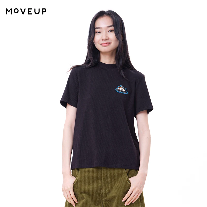 MOVEUP Knitted T‑Shirt 2026 Winter Round Neck Cat Embroidered Patch Tees Ribbed Short‑Sleeve Casual Commuter Tops 3ELD10528