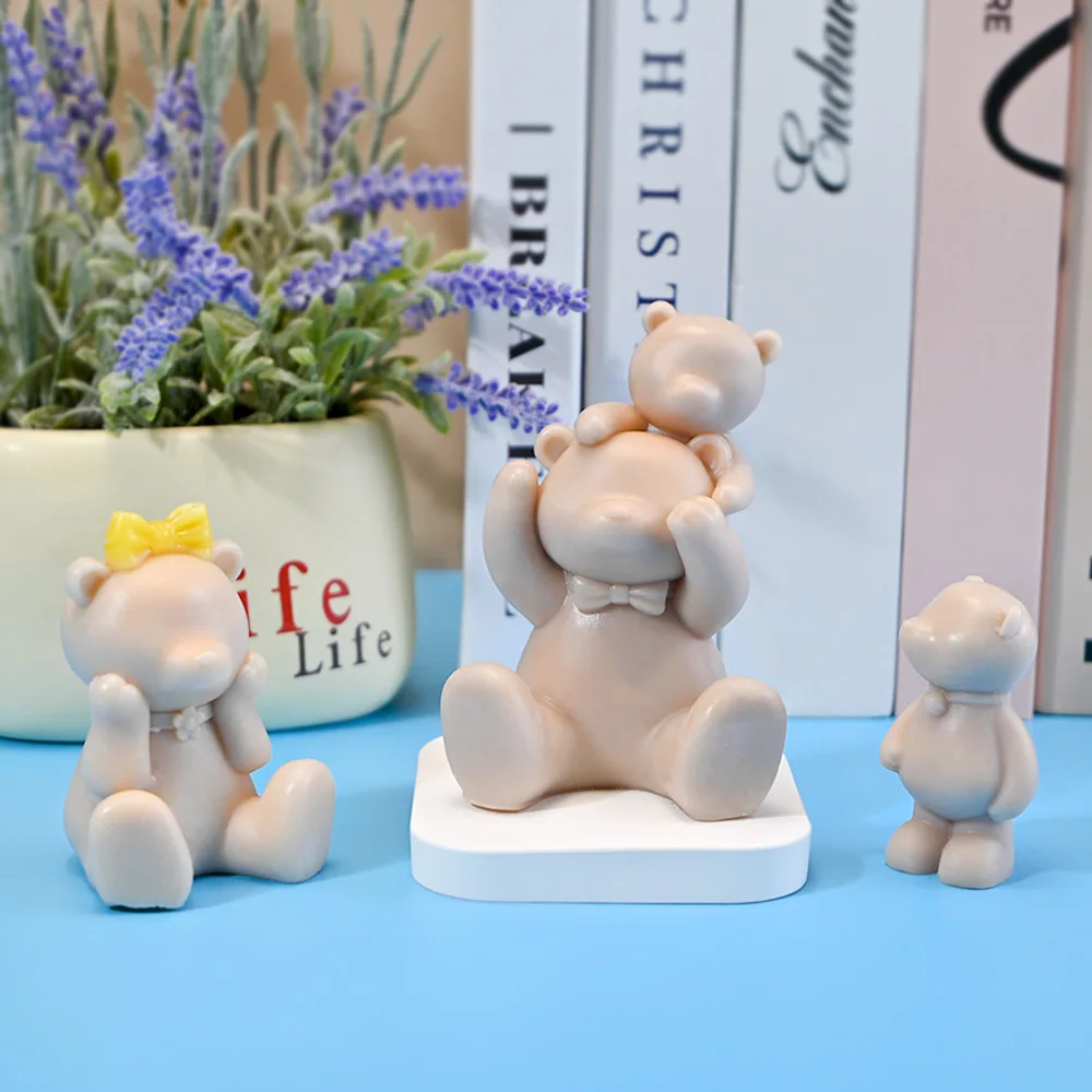 DIY New Cartoon Bear Candle Silicone Mold Bear Dad Bear Mom Aromatherapy Gypsum Pendant Cake Baking Tool Birthday Party Gift