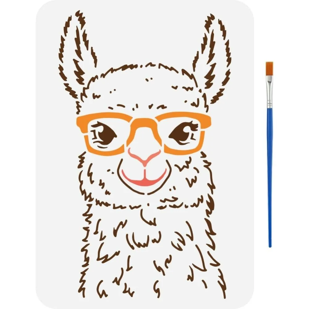 

Alpaca Painting Stencil with 1 Pc Plastic Paint Brush - Alpaca with Glasses Pattern - 8.3x11.7inch Reusable Stencil for Painting