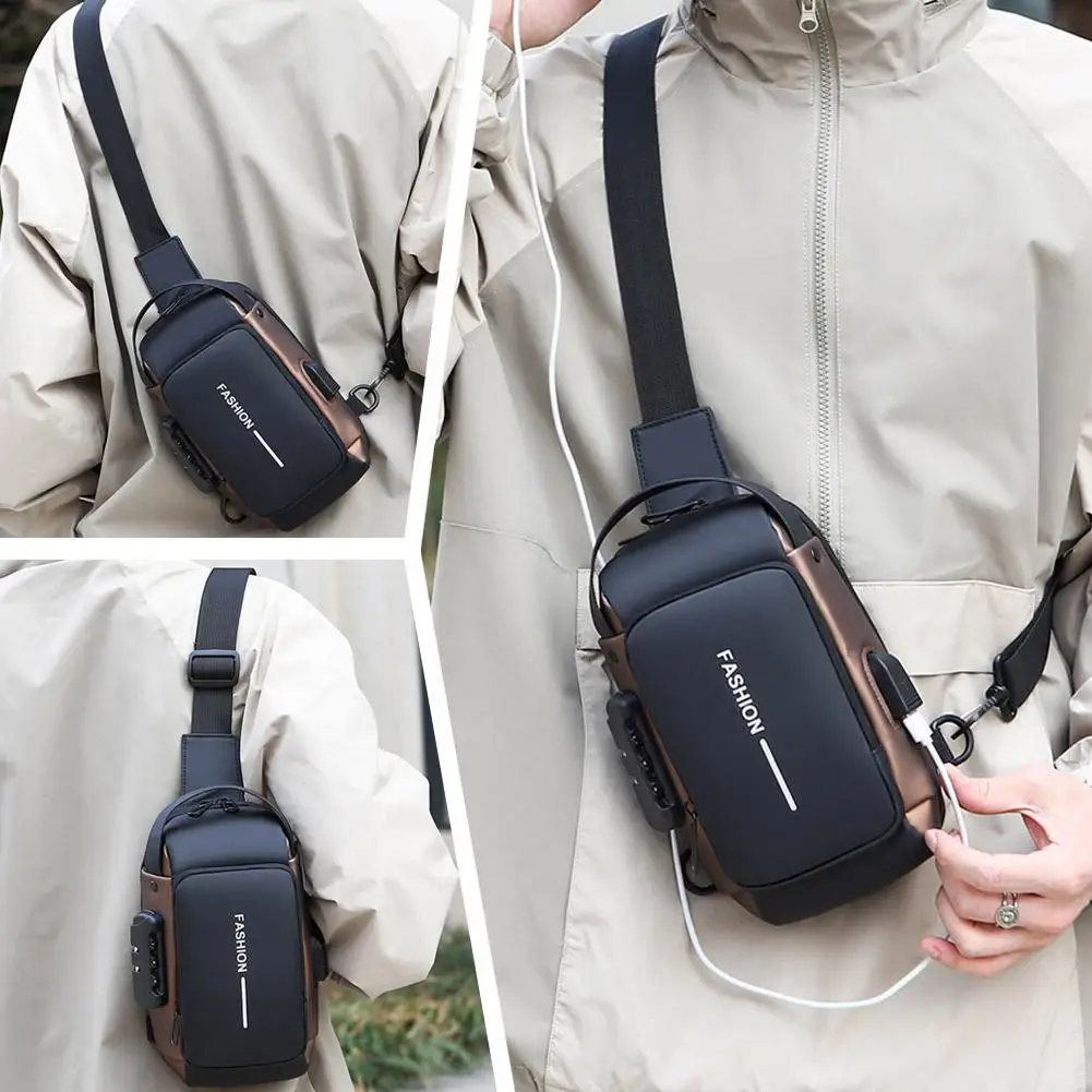 Men's Anti-Theft Chest Bag USB Charging Port Crossbody Sling Bag Password Lock Large Capacity Shoulder Messenger Pack