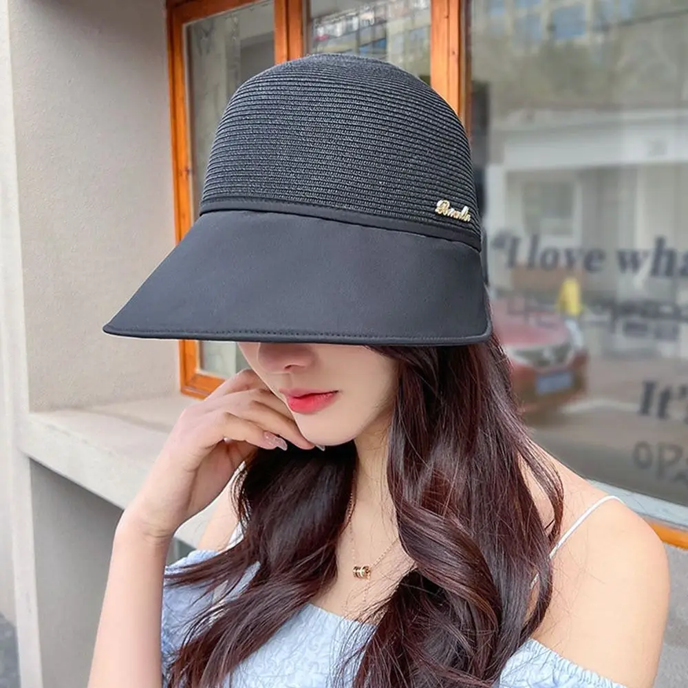 Summer Women Bucket Hat UV Protection Sun Hats Soft Foldable Wide Brim Outdoor Beach Hat Panama Cap Ponytail Cap