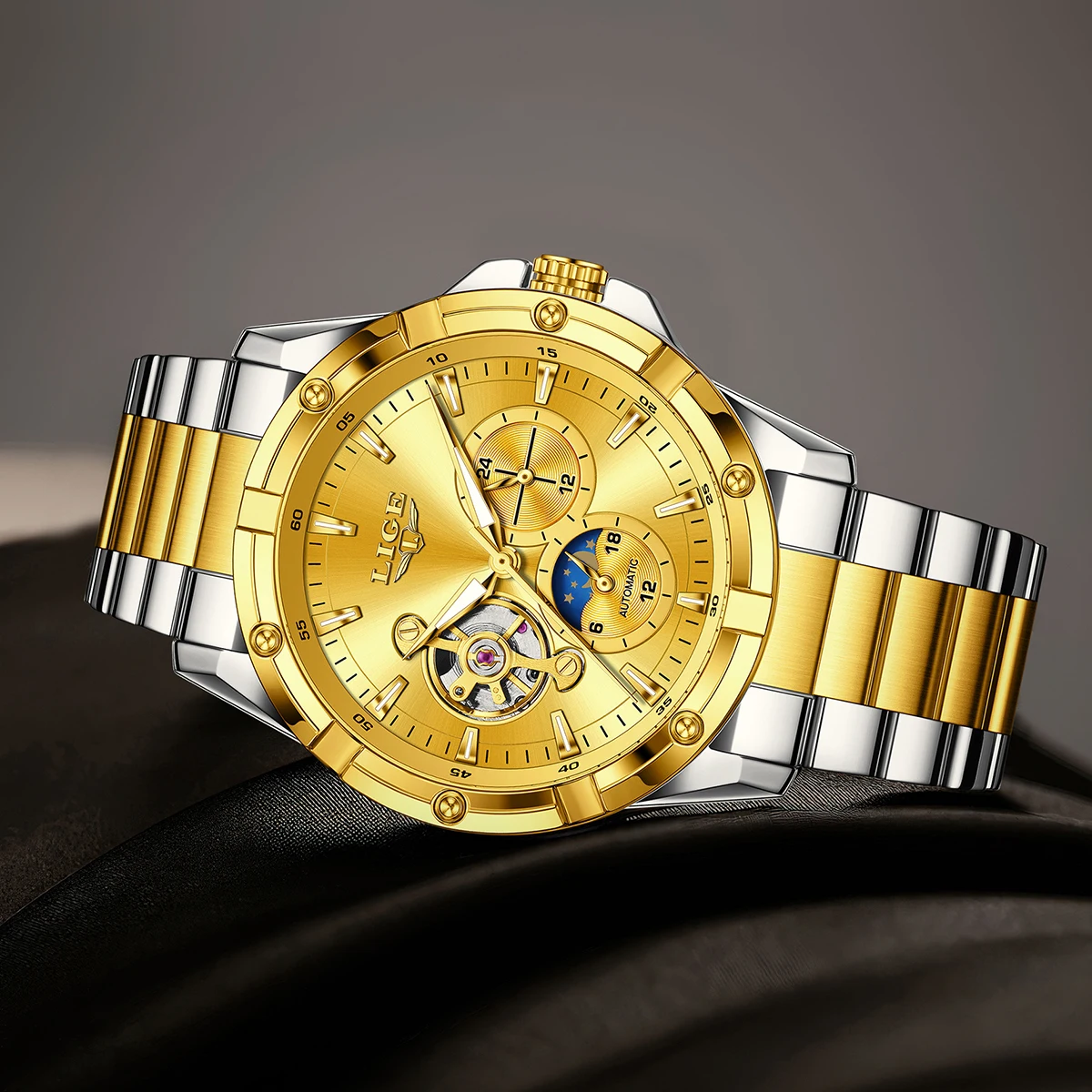 LIGE новые мужские автоматические часы скелет звездное небо фаза луны светящиеся водонепроницаемые механические часы из нержавеющей стали для мужчин