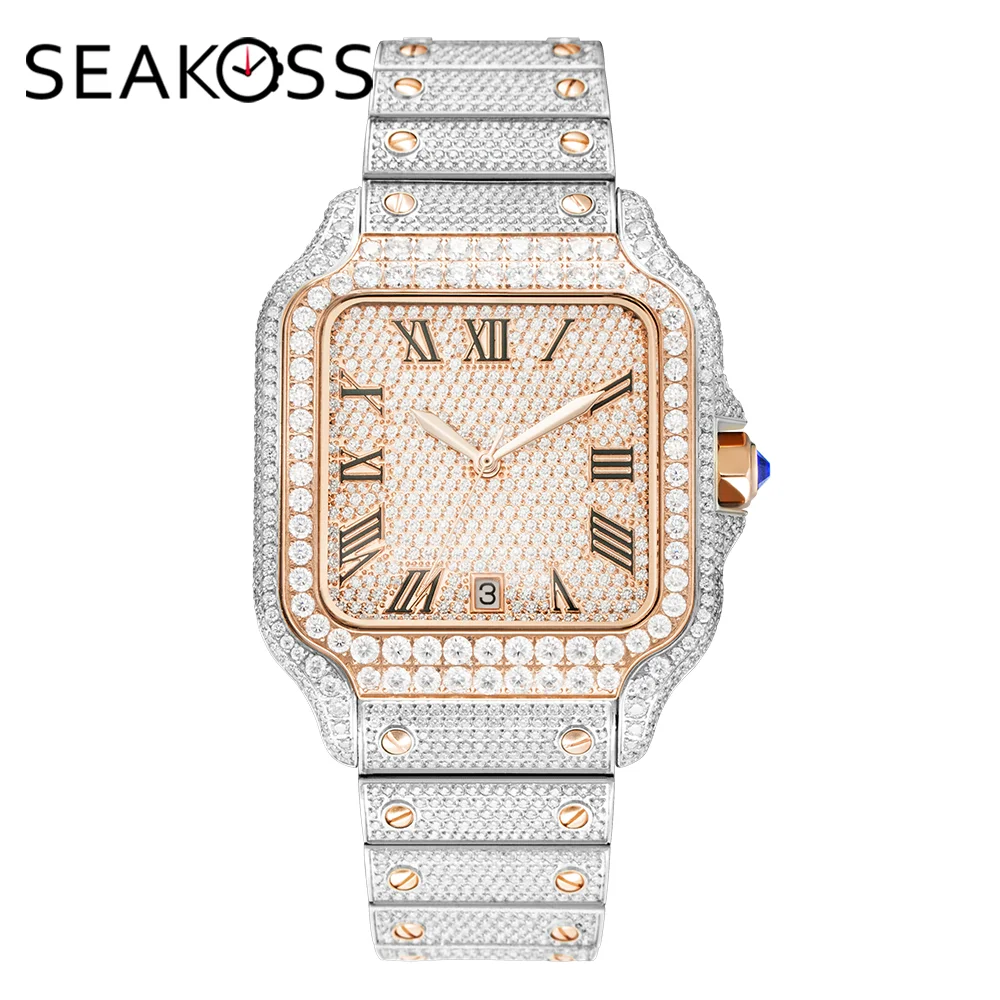 SEAKOSS 40mm Full Iced Out Moissanite Diamond Watch Automatic Mechanical Wristwatch Bling Hip Hop Luxury Jewelry Watches