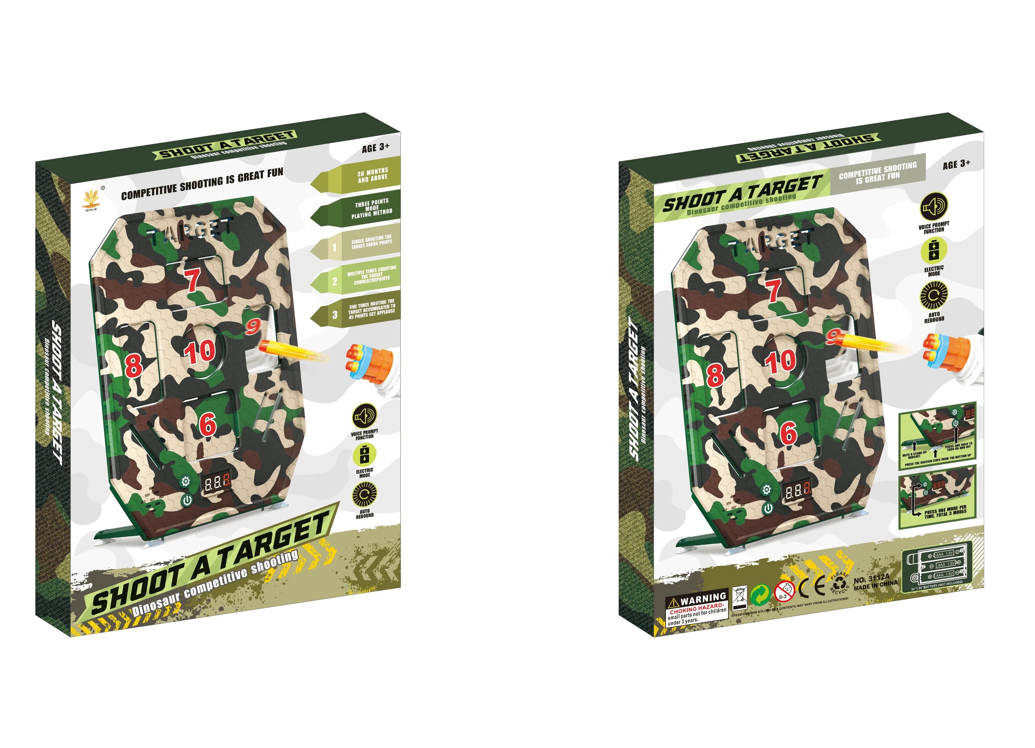 자동 점수 기능 및 사운드 피드백을 갖춘 위장 모델 실내 스포츠 장난감