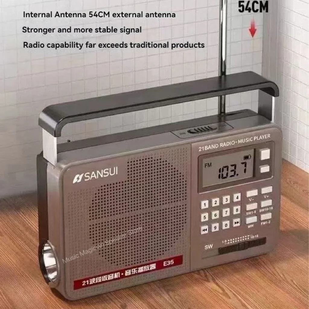 

Портативное цифровое ретро-радио Sansui E35 с полным диапазоном частот, Hi-Fi, Bluetooth, поддержкой MP3/TF/U-дисков, LED-фонариком и настраиваемыми динамиками