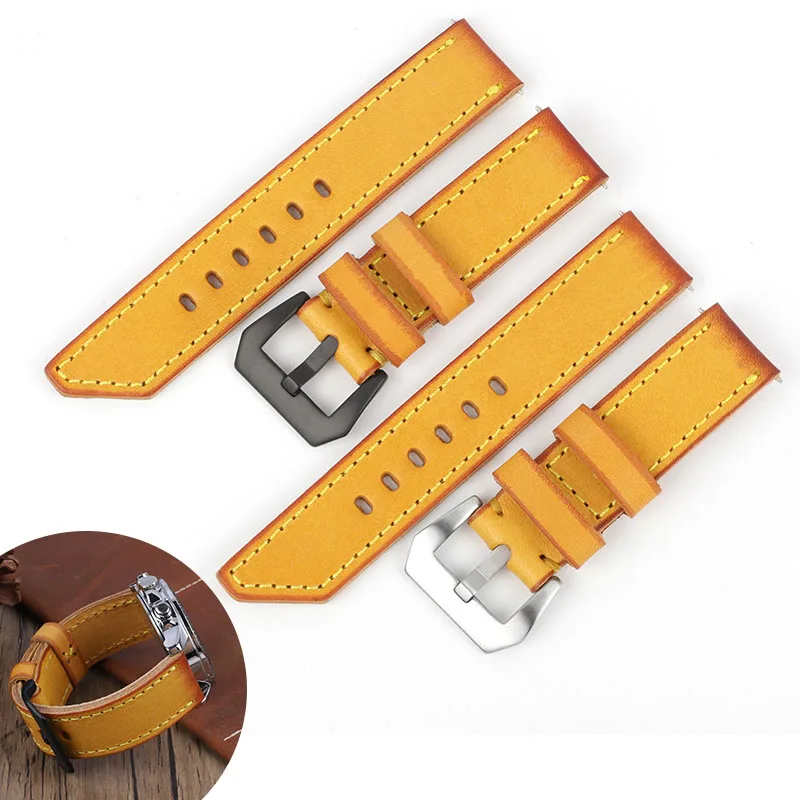 

Genuine Leather Yellow Watchband 20 22 24 26mm Handmade Watch Strap With Quick Release Replacement Men Wist Bracelet for Panerai