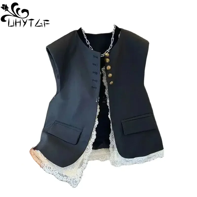 Lace Patchwork Women Vest Korean O Neck Casual Sleeveless Jackets 2024 Female Loose Waistcoat Vintage Chic Tops Women 3192