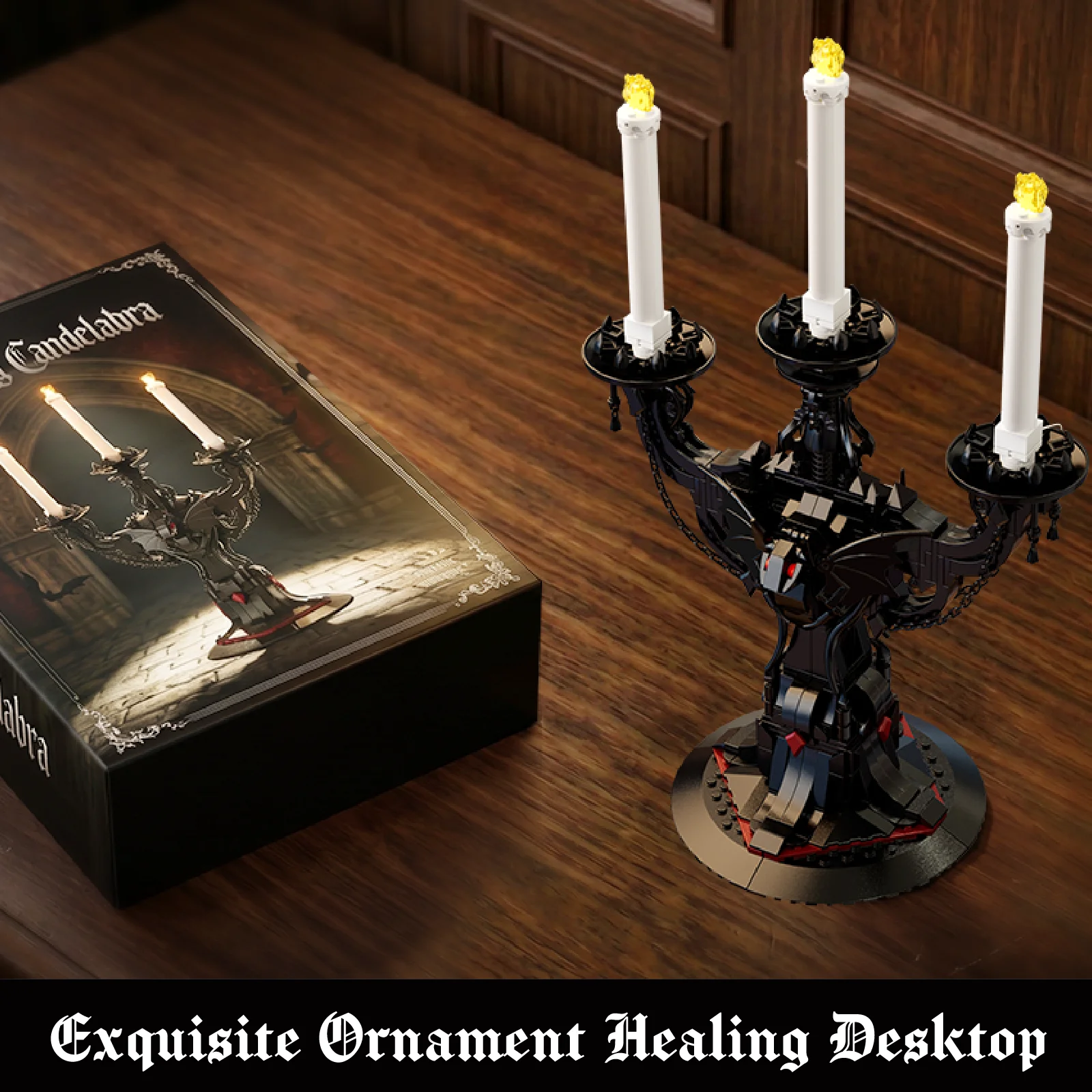 Gothic Batwing Candelabra Building Blocks Kit Simulation Candle Holder Ornament Dark Decor Bricks For Christmas Halloween Gifts view 4