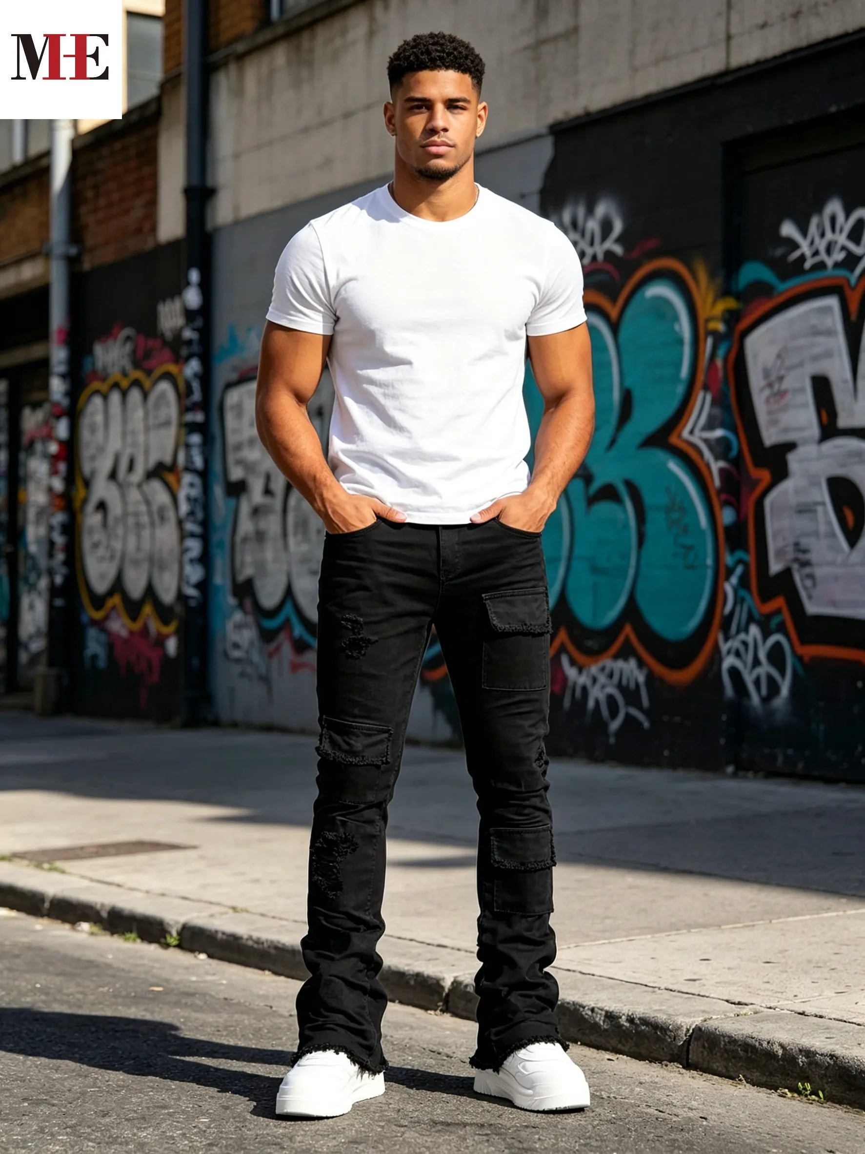 HME Grunge Distressed Denim Pants, Black Long Denim Pants with Raw Fringe Cargo Pockets for Hip Hop Street Outfits