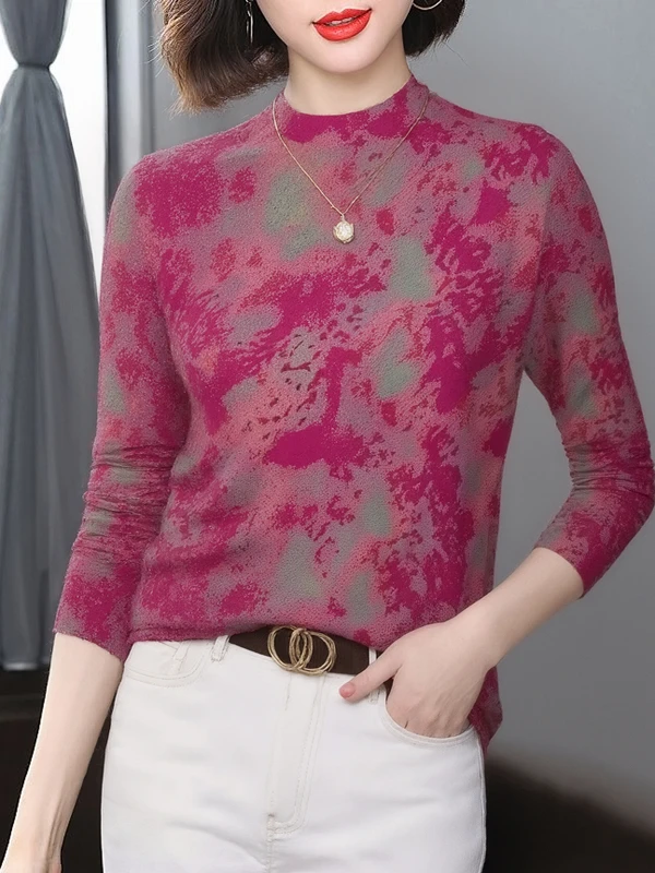 

Elegant Mid-Late Age Women's Long Sleeve Printed Base Shirt Slim Fit Warmth Half High Collar Top Mommy Clothes Belly Cover