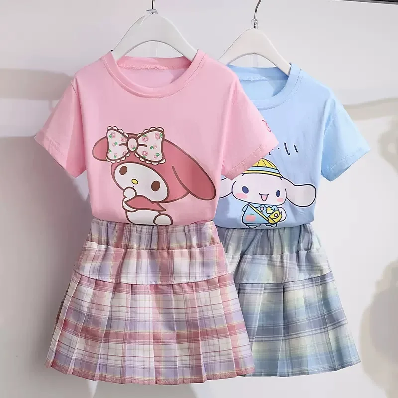 Sanrio Children's Suit For Girls Summer Cute Short Sleeve Tshirt + Pleated Skirt 2 PC Sets Casual Outfit Baby Teen Clothing