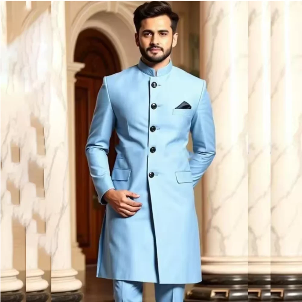 

Formal Blue Men's Suits 2 Piece Jacket Pants Sets Single Breasted Stand Lapel Male Clothing Blazer Costume Homme