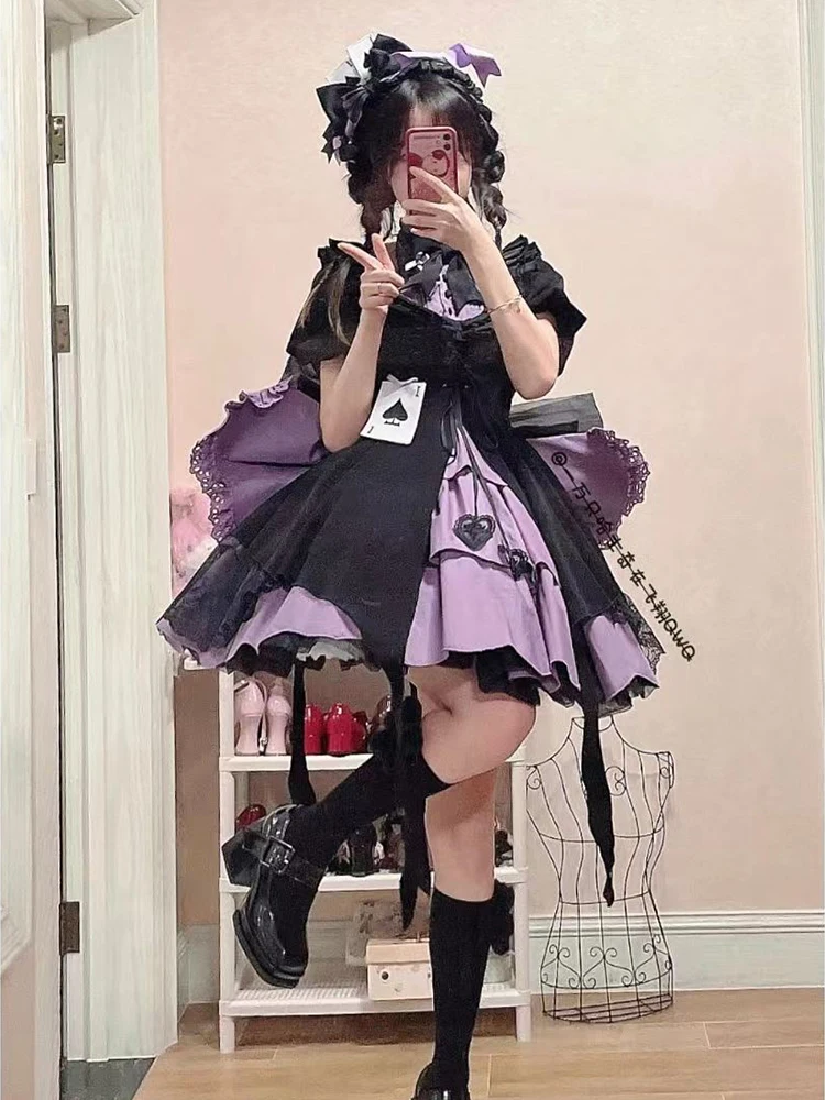 Black Purple Lolita Dress Women's Sweet Cute Girls Cosplay Dress Lady High Waist Slim Bow Short Dress Vestidos Mujer Summer