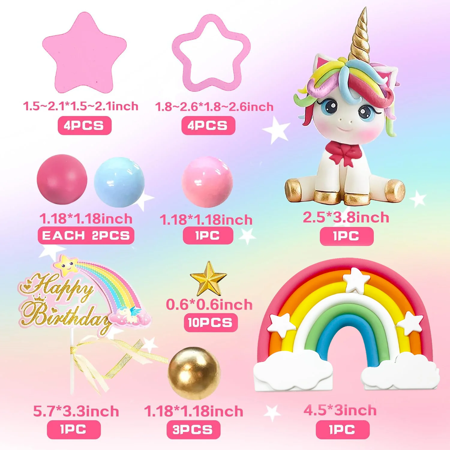 Unicorn Cake Topper, Unicorn Rainbow Cake Decorations with Rainbow Stars Unicorn Balls Happy Birthday Cake Decorations