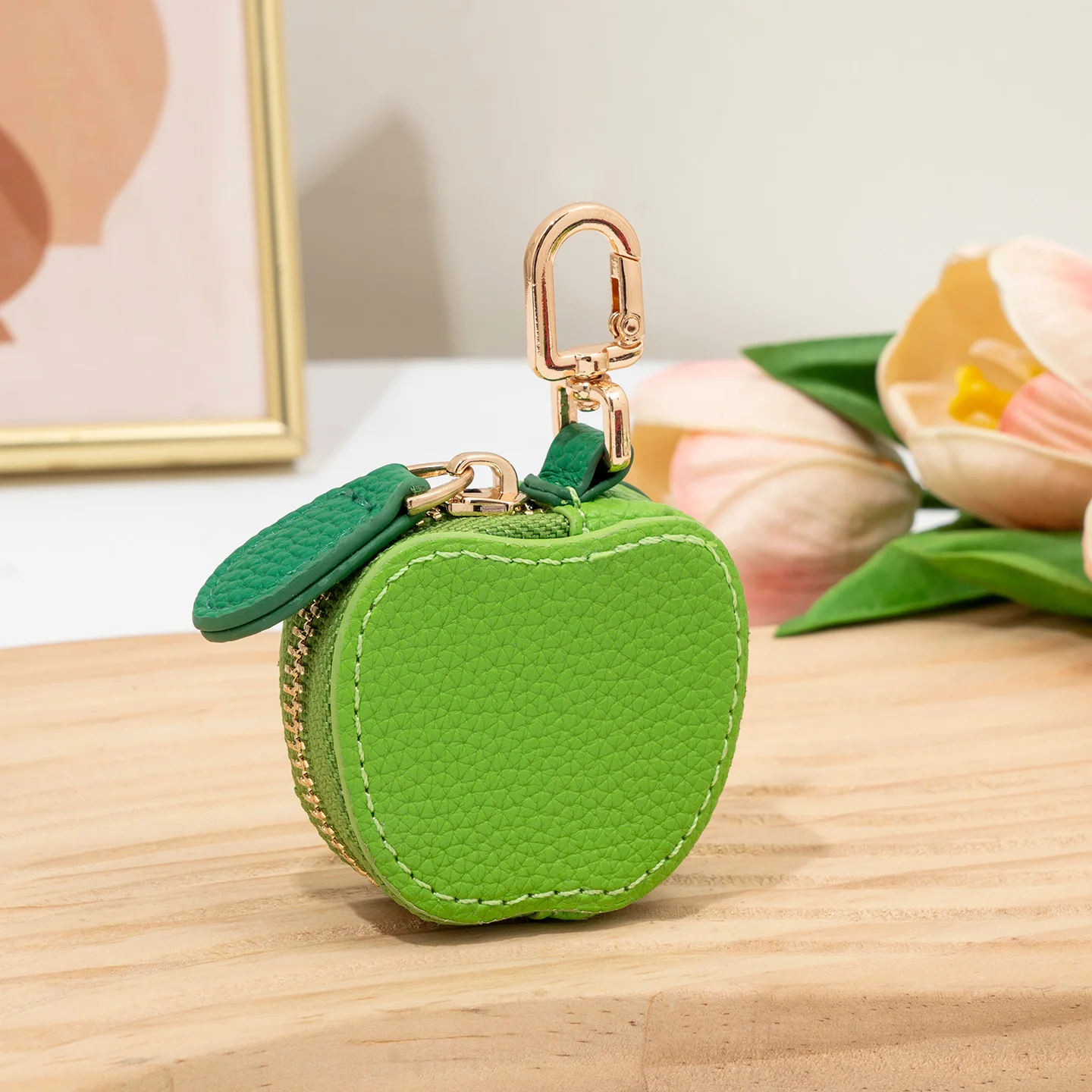 Cute Fruit Shape Mini PU Leather Keychain Pouch, Lemon Apple Banana Zipper Coin Earbud Storage Handbag Charm for Women Girls
