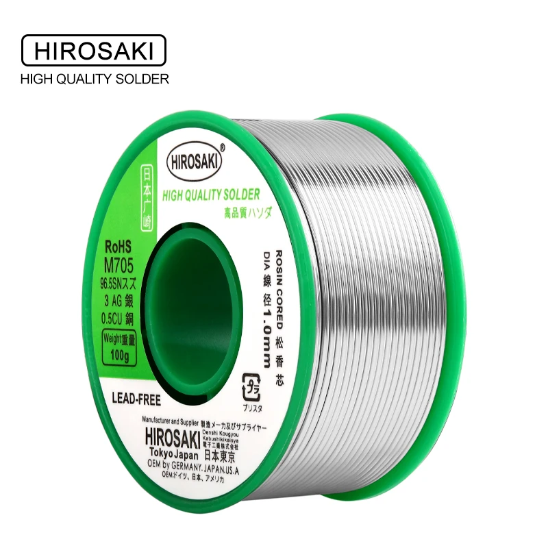 Japan HIROSAKI Lead-Free 3%Silver Solder Wire 100g 0.8mm With Flux Rosin Core M705 for Audio HiFi soldering Ag3% Sn96.5% Cu0.5%