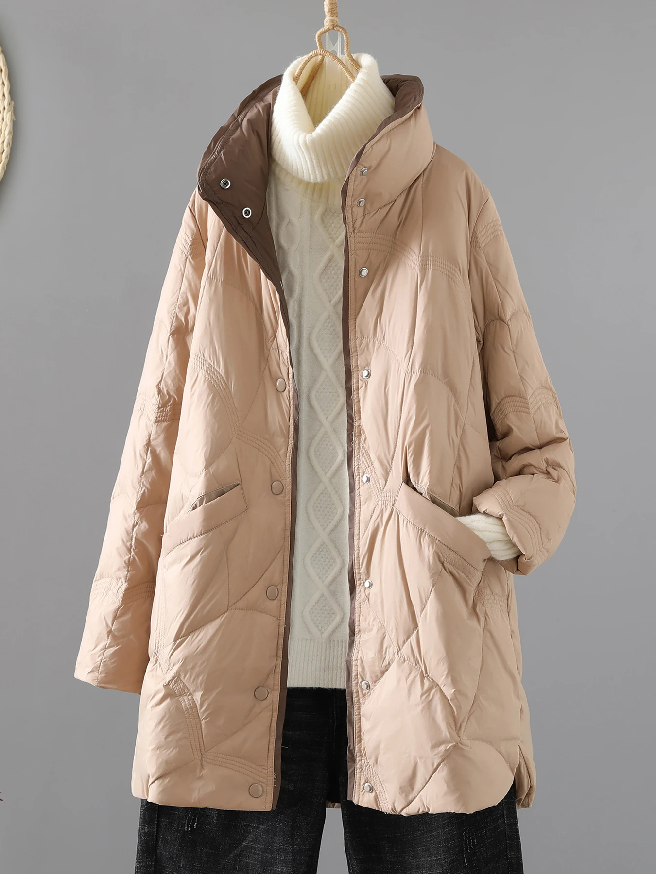 

Artistic Loose Fit Warmth down Jaet Women's Autumn Winter New Sle Medium Length Outerwear Top Commute Sle Stand Collar