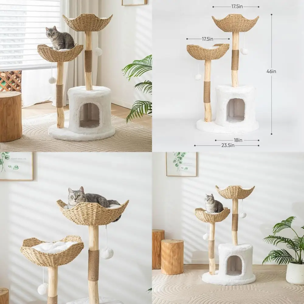 

White Boho-Style Indoor Cat Tree Tower with Sisal Scratching Post, 46 Inches Tall