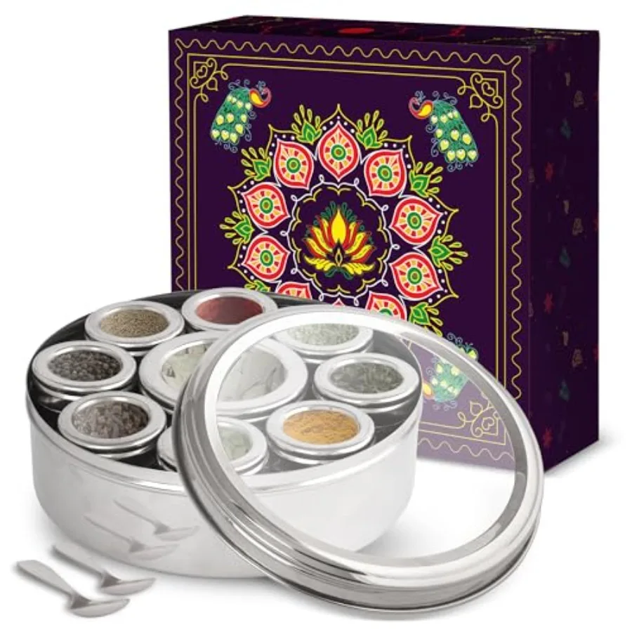

Большой контейнер для специй Masala Dabba с 9 отделениями, коробка для специй из нержавеющей стали, индийская коробка для специй Masala Dabba