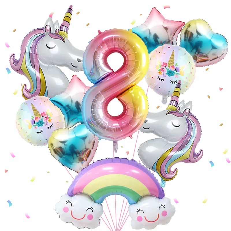 1 set regenboog eenhoorn meisje ballon aluminium film ballon set met lachende regenboogfolie 1e pasgeboren feestdecoratie benodigdheden