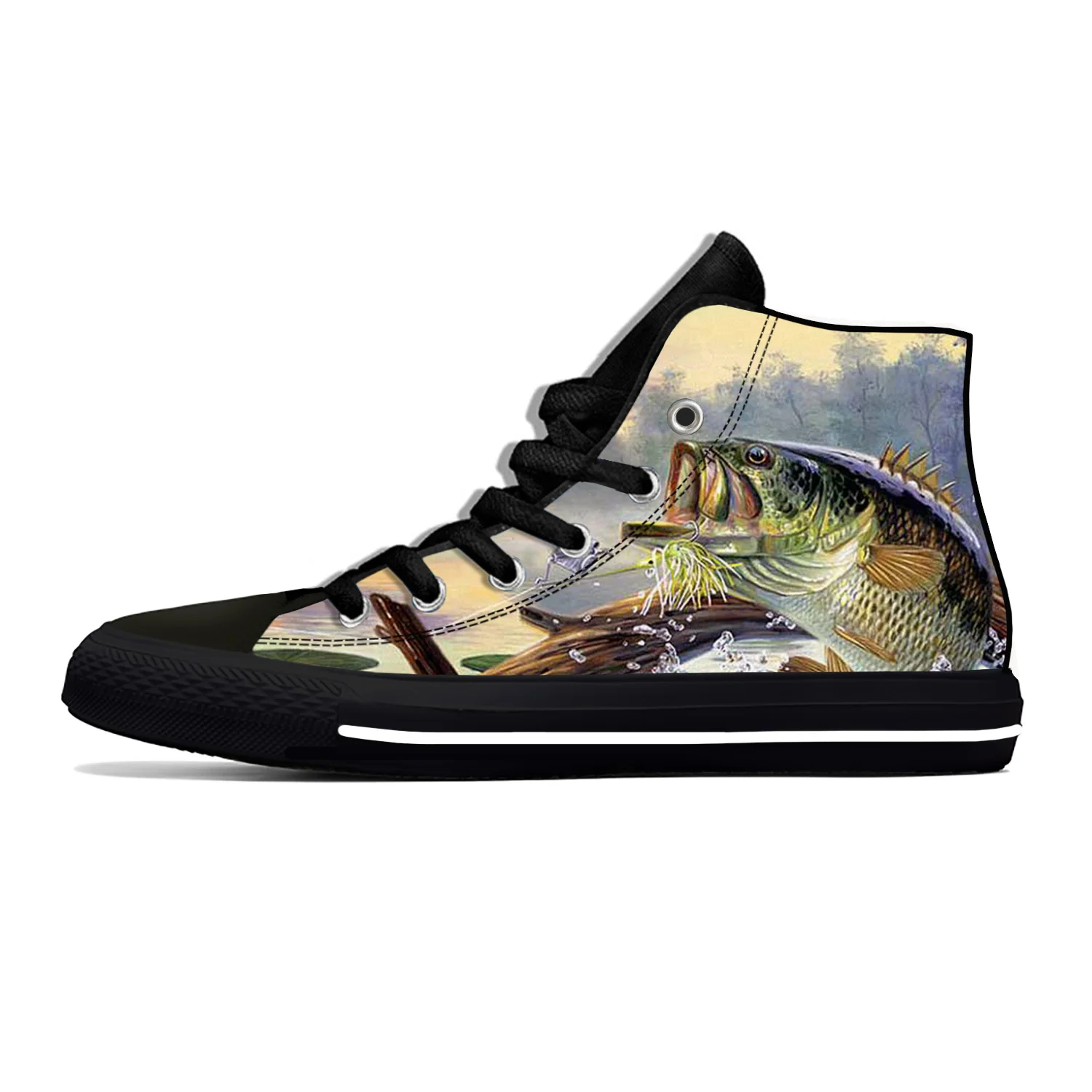 Kartun Anime Manga Bass komik memancing ikan lucu sepatu kain kasual atasan tinggi ringan bersirkulasi cetak 3D Sneakers Pria Wanita