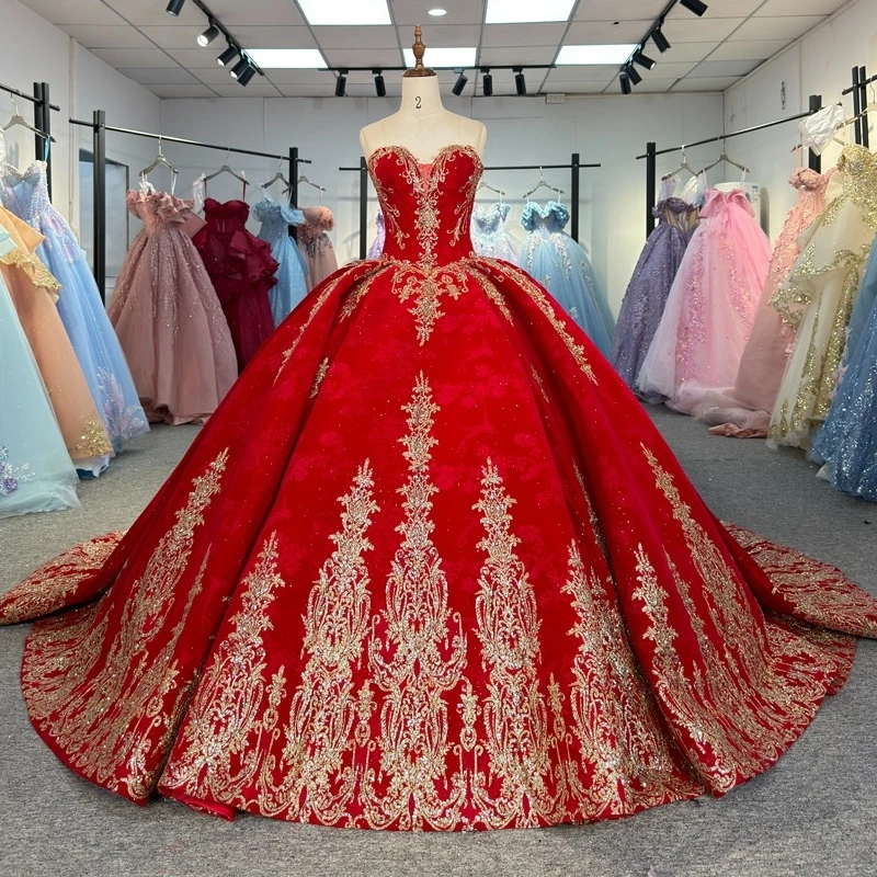 

Red Shiny Quinceanera Dresses Off The Shoulder Gold Applique Lace Beading Crystal Tull Corset Party Birthday Sweet 16 Dress