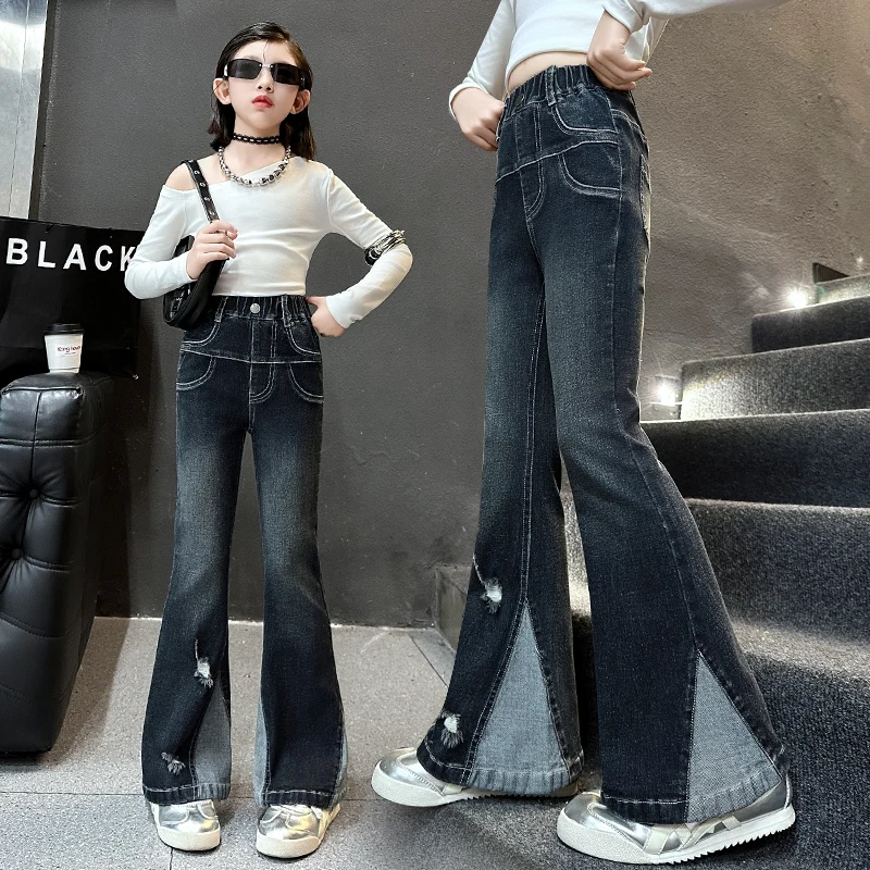 

Cool Child Fashion Street Flare Jeans For Girls 2000s Vintage Patchwork Blue Boot Cut Denim Trousers Teenage Kids Jeans Pants
