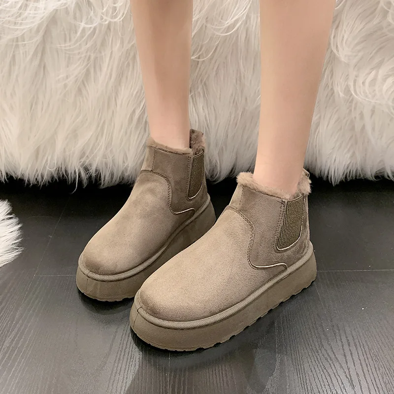 

Women Short Plush Warm Snow Boots Casual Shoes New Suede Fur Chelsea Ankle Boots Flats Platform Ladies Shoes Botas Hot Selling