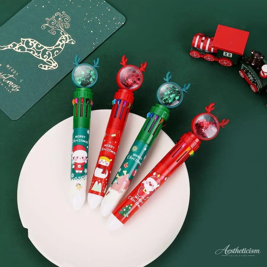 Christmas 10Color Shuttle Ballpoint Pen 0.5mm Santa Elk Snowman Cartoon Multicolor Click Pen Journal School Xmas Gift Stationery