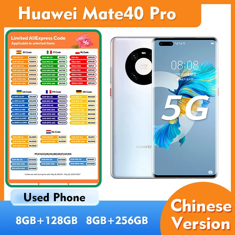 Huawei Mate40 Pro 5G 128GB 256GB ROM Smartphone Android 6,76 pulgadas 2772x1344px 4400mAh CPU Hisilicon Kirin 9000 teléfono usado