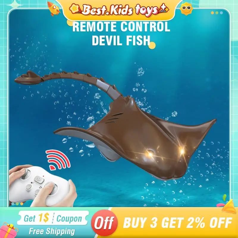 2.4G RC Simulation Devil Fish Remote Control Animals Manta Ray With Lights Kids Toys Boy Outdoor Water Swimming Pools Bath Game