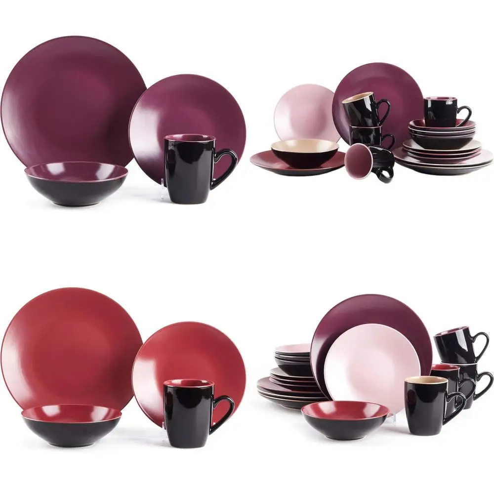 Juego de Vajilla de 16 Piezas en Colores Surtidos: Beige, Rojo Baya, Ciruela y Rosa
