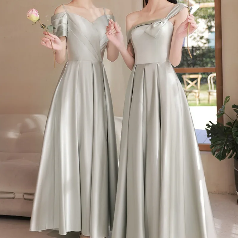 Customized Temperament Simple Slim Waist Bridesmaid Dresses Women Expose Clavicle Pleated Elegant Long Evening Dress Wedding Par