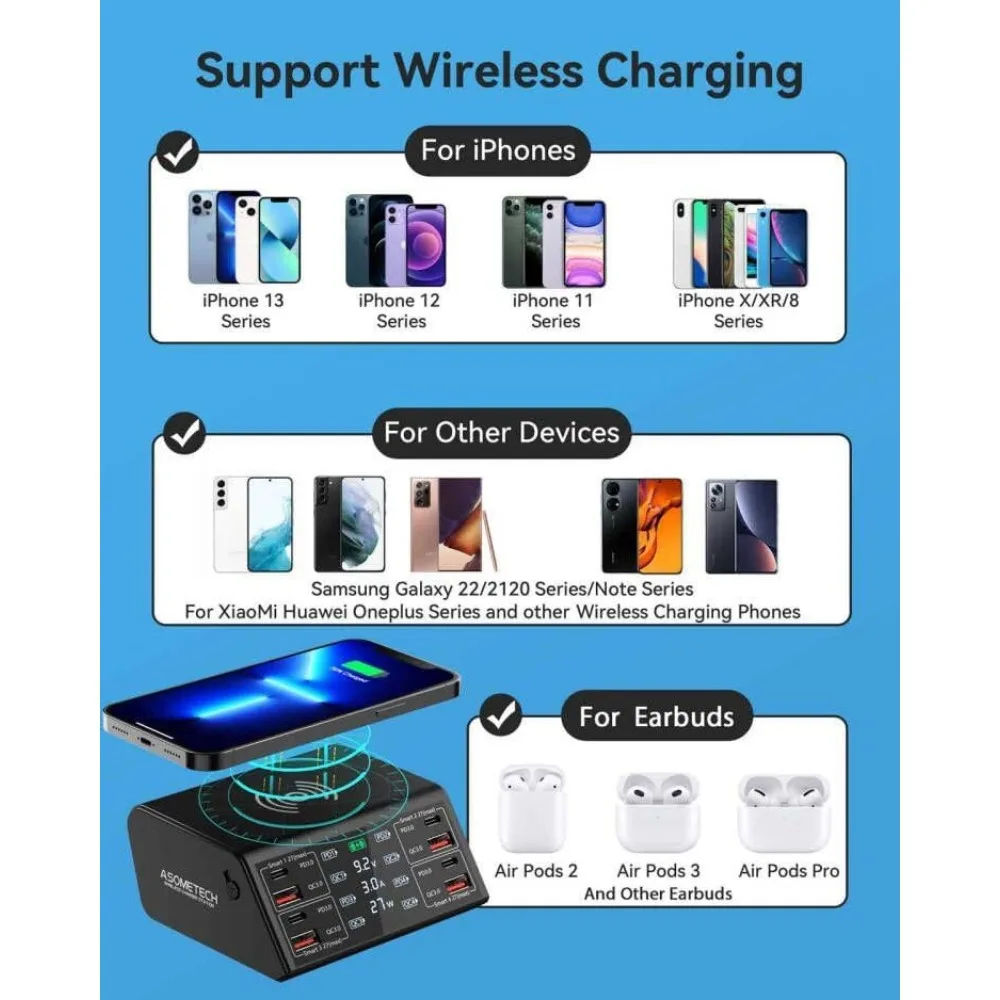 Estación de carga USB de 8 puertos de 100 W con carga rápida 3.0, USB-C PD, cargador inalámbrico y pantalla LCD para iPhone iPad Samsung