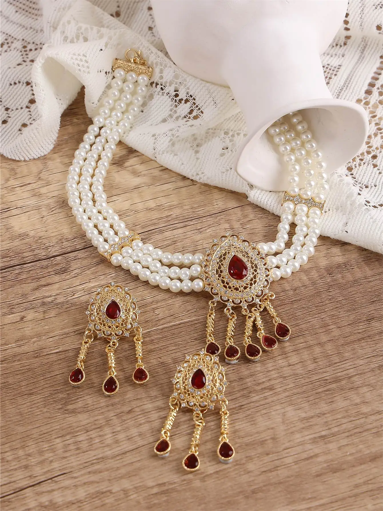 Gold Color Morocco Choker Sets For Women Handmade Pearl Necklace Bride Wedding Jewelry Water Drop Pendant Chain Long Earring Set