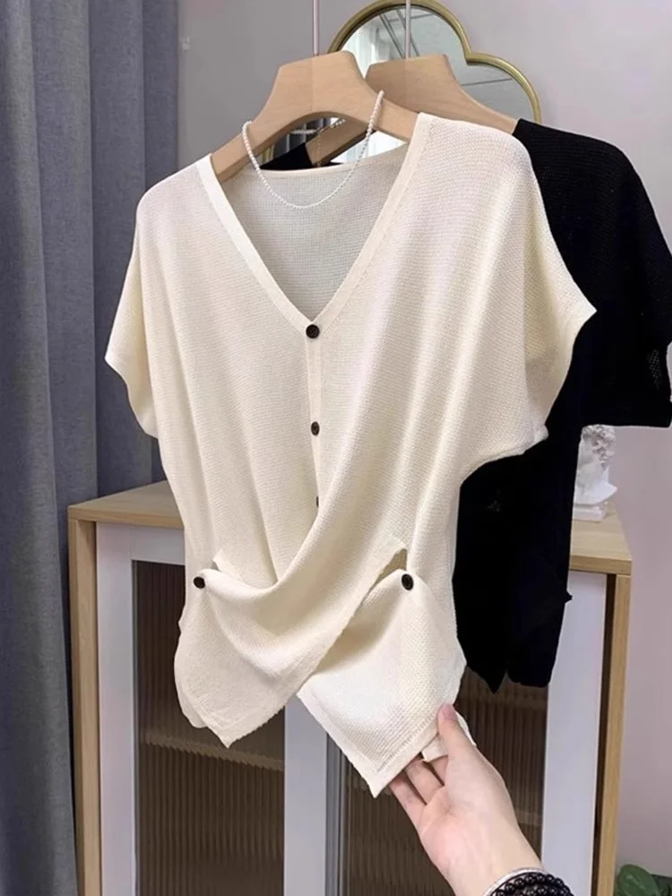 

Летняя футболка с V-образным вырезом из ледяного шелка, однотонная, с коротким рукавом, асимметричным дизайном, универсальная, модная, в корейском стиле