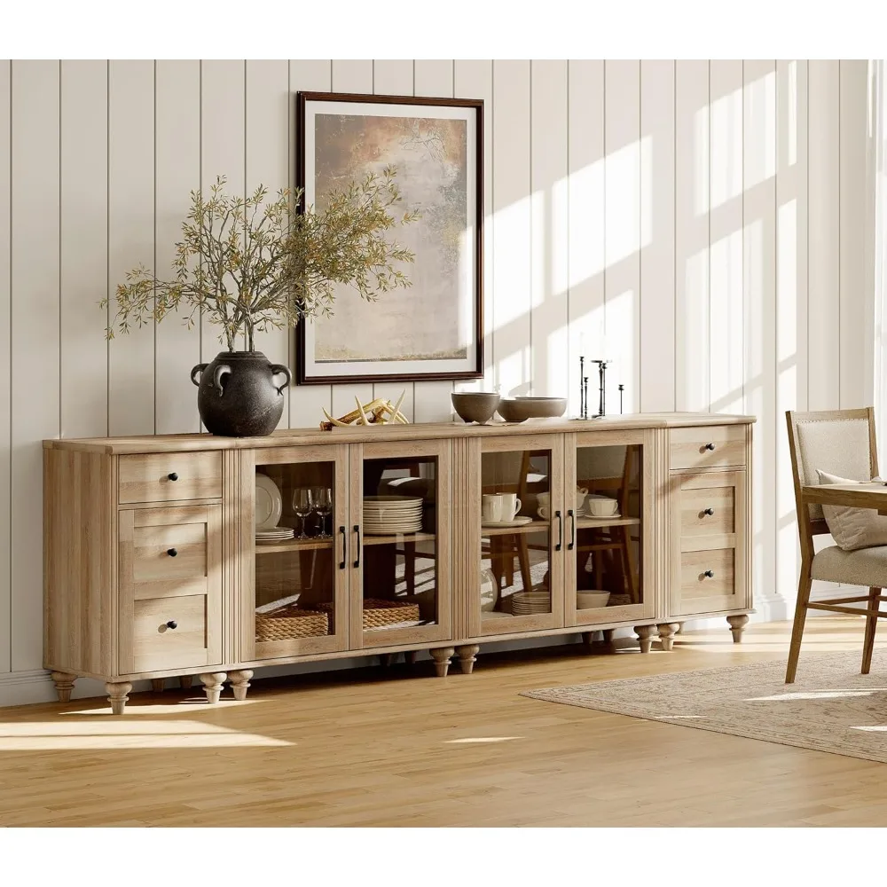 Sideboard with 4-Glass Door, Kitchen Cabinets with Charging Station, Wood Coffee Bar Tables with Adjustable Shelf & 2 Drawers