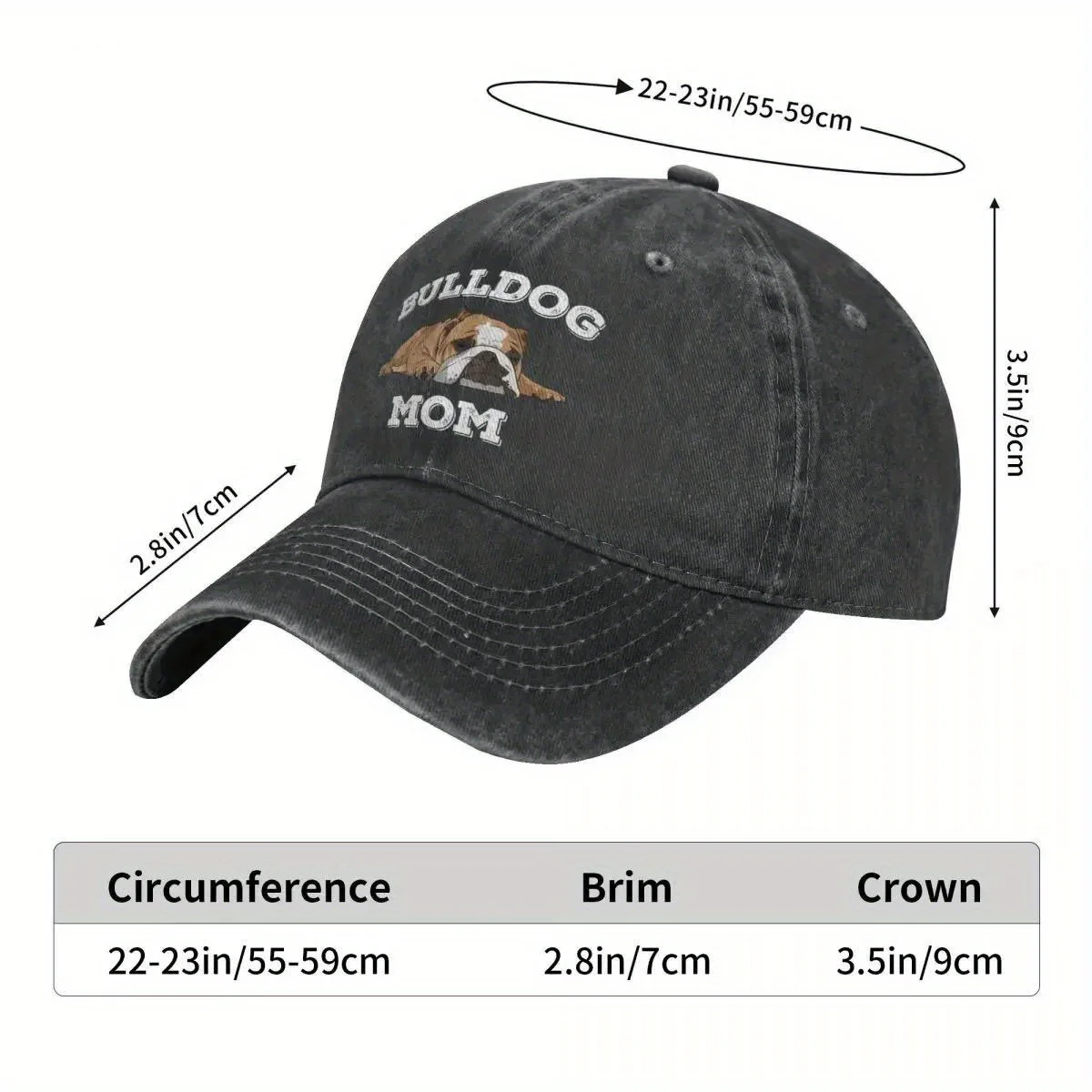 Men' & Women' English Bulldog Mom Cap with Bulldog Face & BULLDOG MOM Text - Adjustable Snapback Hat, Lightweight Washed Retro U