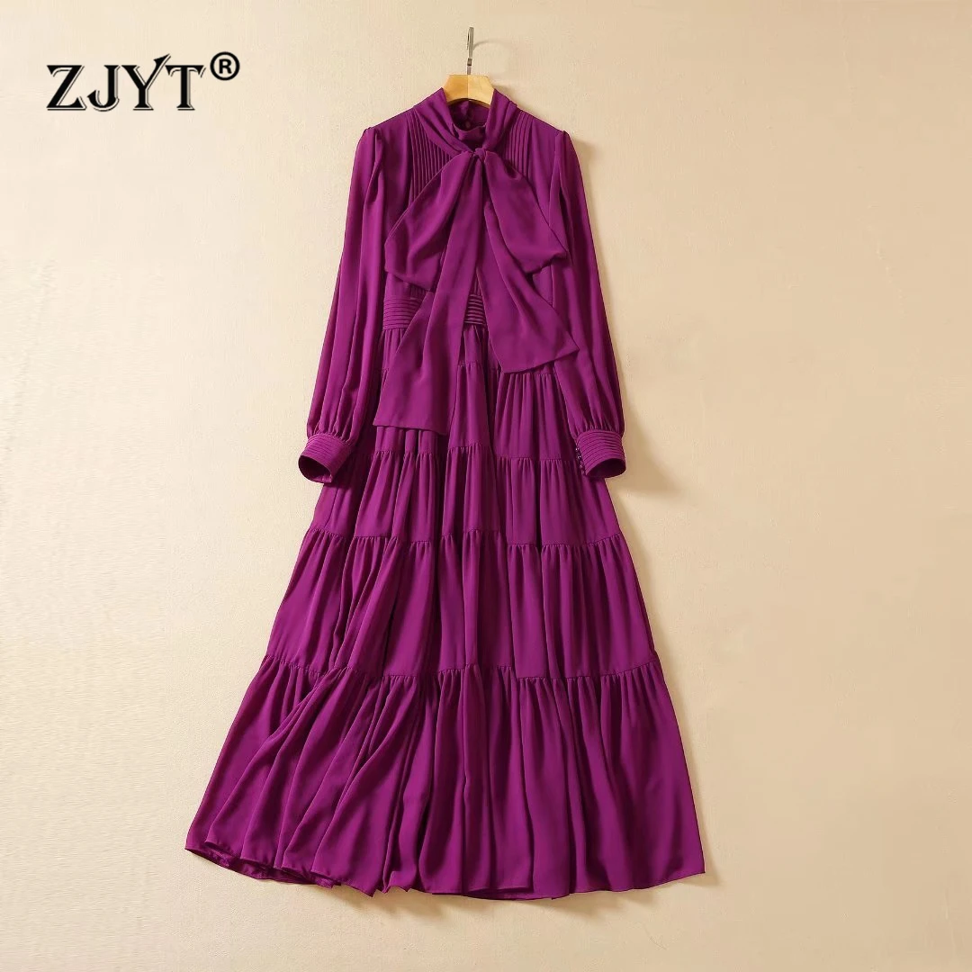 

ZJYT Women Chiffon Long Maxi Party Dress 2024 Runway Spring Bow Collar Purple Evening Gown Full Sleeve Aline Bohemian Robe Femme