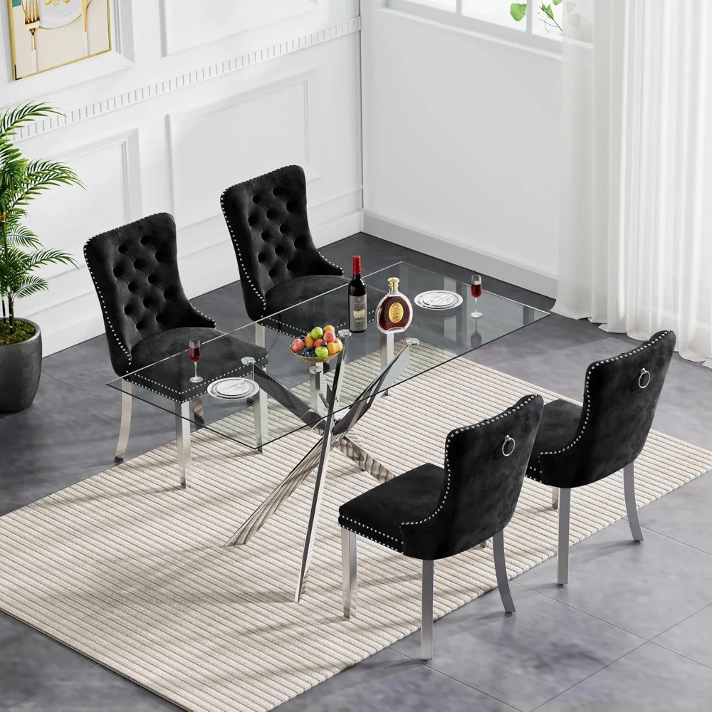 5 Piece Glass Dining Table Set, 4 Velvet Upholstered Chairs for Kitchen Dining Room, Modern Glass Dining Table Set