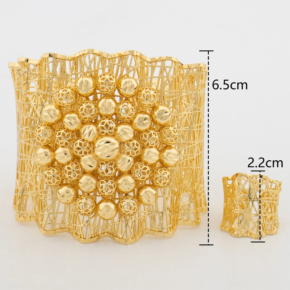 Hohles Modisches Goldfarbenes Manschettenarmband, Ring, Kupferlegierung, Vergoldeter Schmuckset, Armreif für Damen, Täglicher Gebrauch, Party, Hochzeitsgeschenke – Detail 18