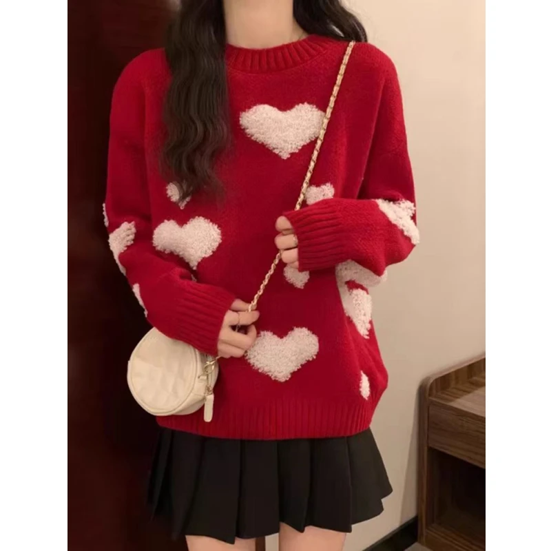 Red Heart Sweater for Women Autumn Winter Loose Slimming Soft Knitted Base Shirt Top New Year's Fashion Casual Wear Sweet Chic