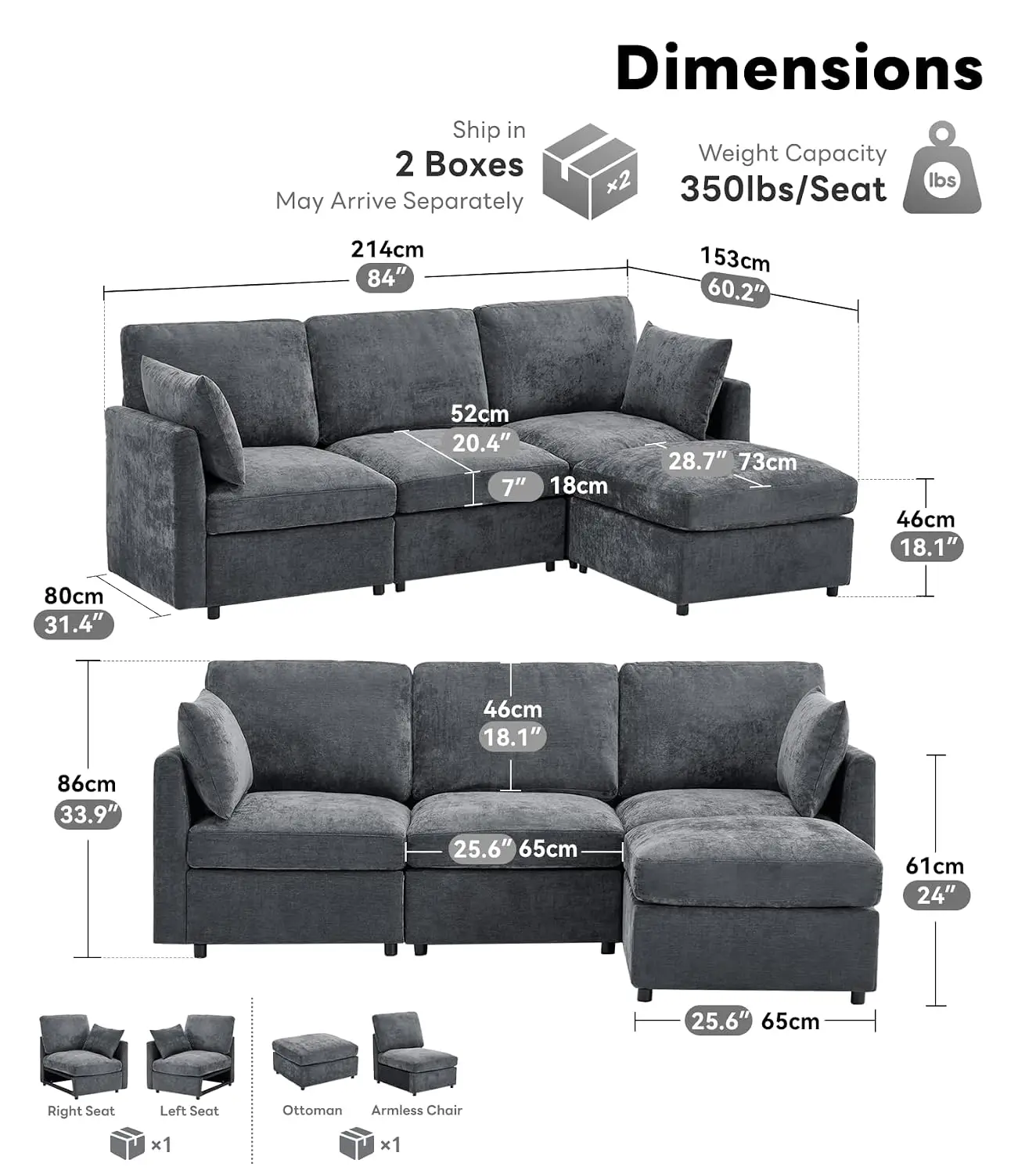 Sectional Couch for Living Room, Comfy L Shaped Convertible Sofa, 4 Seater Modern Chenille Sofa with Ottoman, Grey, Customized